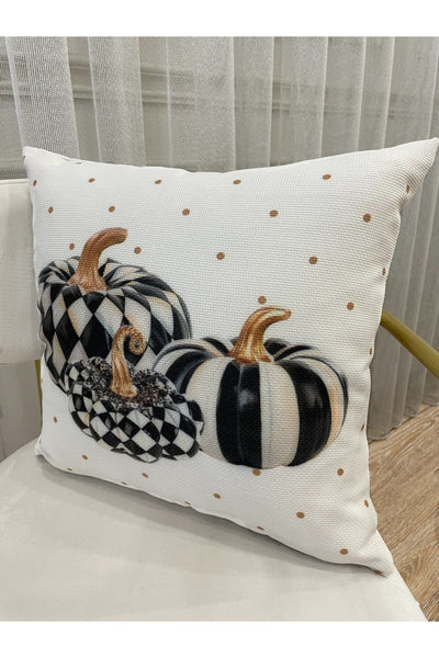 Balkabağı Desenli Keten Görünümlü Kırlent Yastık Kılıfı (EKRU-SİYAH) 45x45