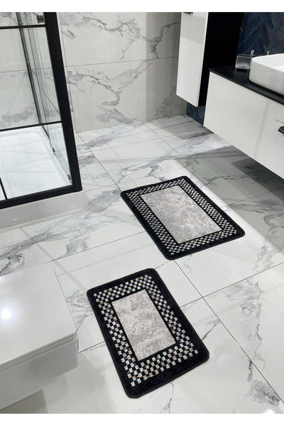 Melany Checkered 2-Piece Latex Base Bathroom Mat Set (60x80 - 60x40) Gray-Black