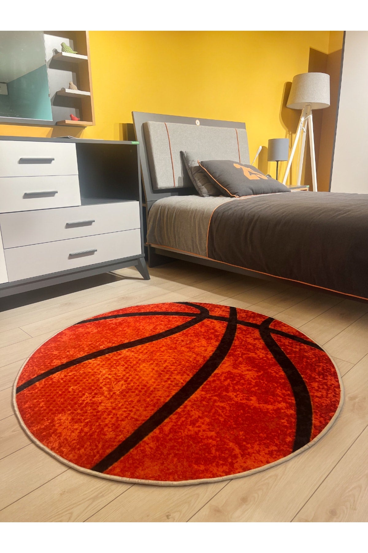 Basketball Pattern Washable Round Kids Youth Rug - Orange