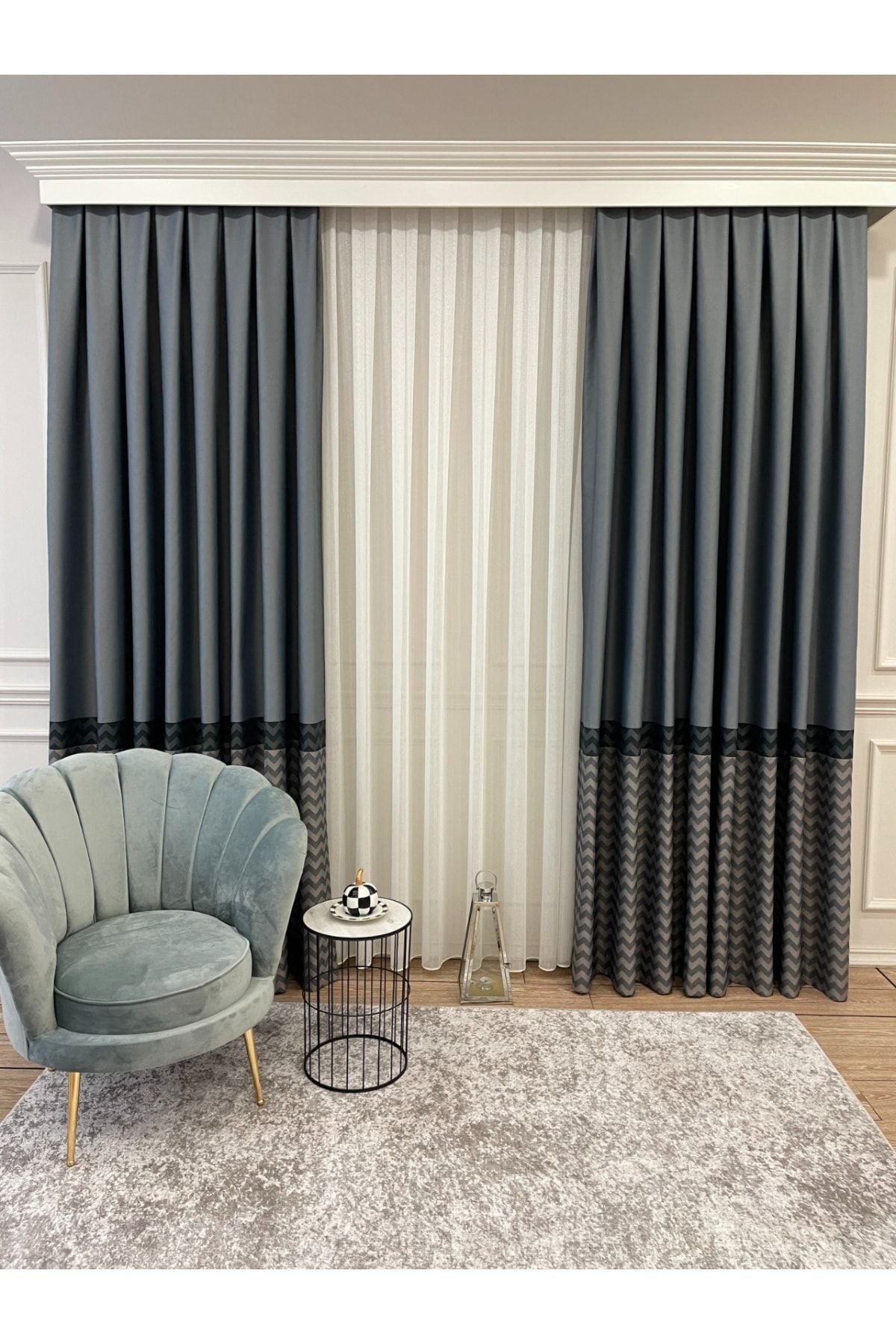 Jacquard 1/3 Dense Pleat Zigzag Striped Panel Print Blackout Curtain - Beige - Brown