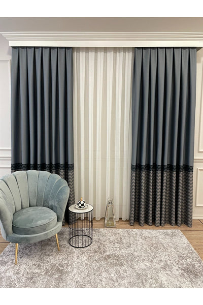 Jacquard 1/3 Dense Pleat Zigzag Striped Panel Print Blackout Curtain - Beige - Brown