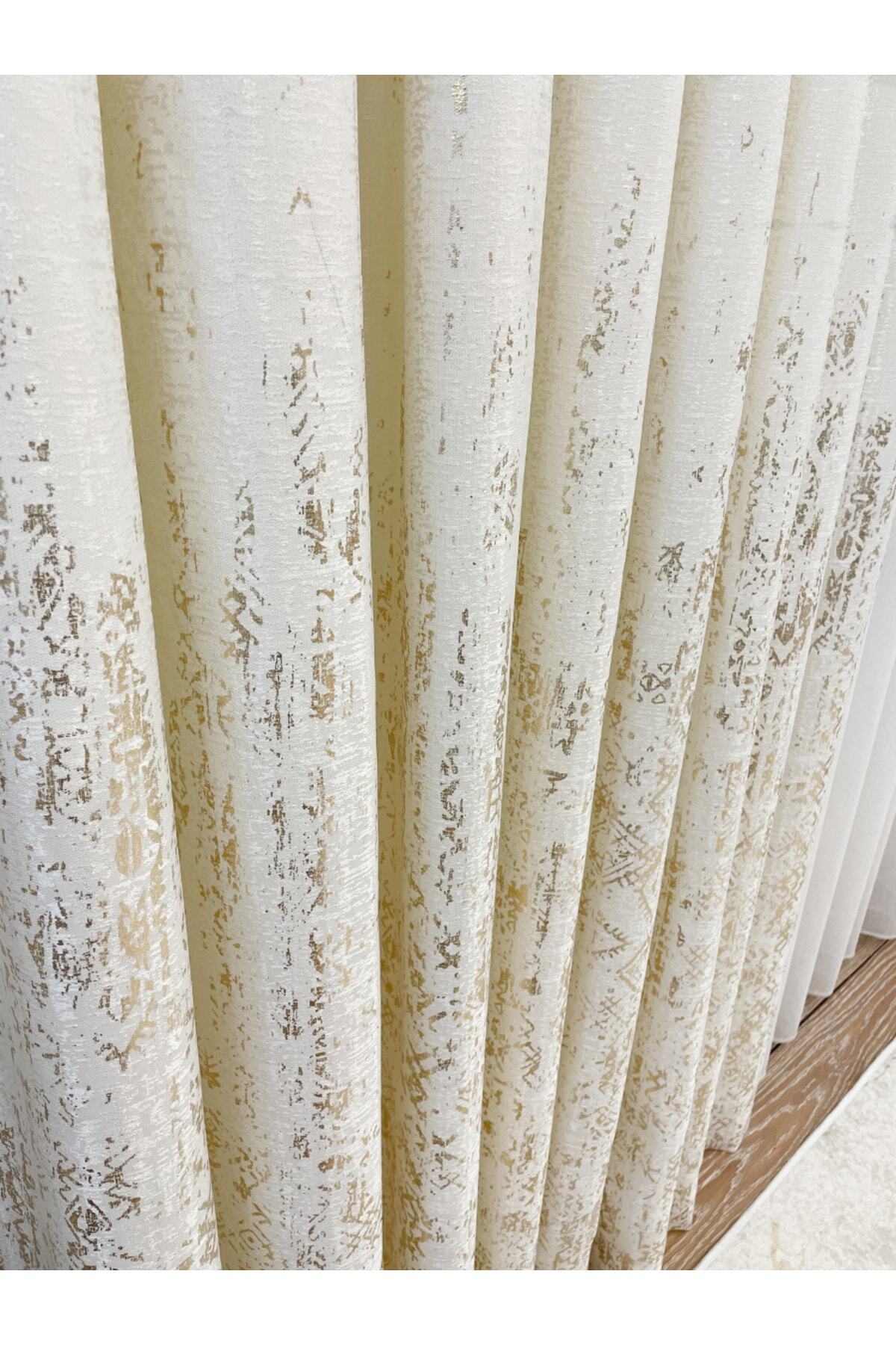 Jacquard Ground Foil Print 1/3 Dense Pleat Blackout Curtain - Beige - Gold Foil
