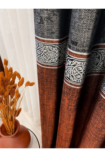 Brown 1/3 Dense Pleated Bordered Pattern Soft-Textured Jacquard Blackout Curtain