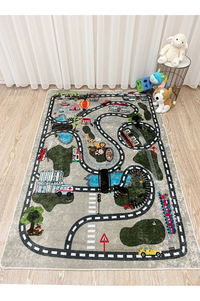 Araba Yollu - Trafik Yollu Desenli Yıkanabilir Çocuk Bebek Halısı
