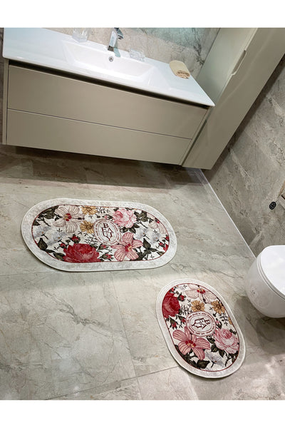 2-Piece Floral Pattern 60x100 - 60x50 Beauty Latex-Backed Bath Mat Set