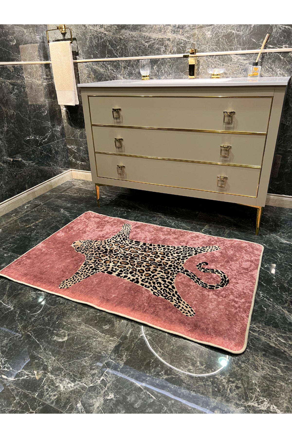 Leopard Pattern Washable 80x120 Single Bath Mat - Black