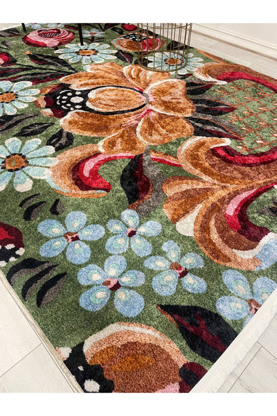 Green Floral Pattern Latex Base Rug