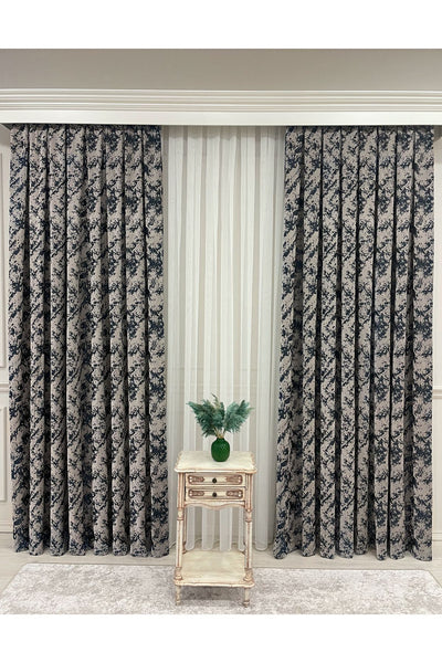Brown-Navy Blue Chenille Pattern Jacquard 1/3 Dense Pleated Jacquard Blackout Curtain