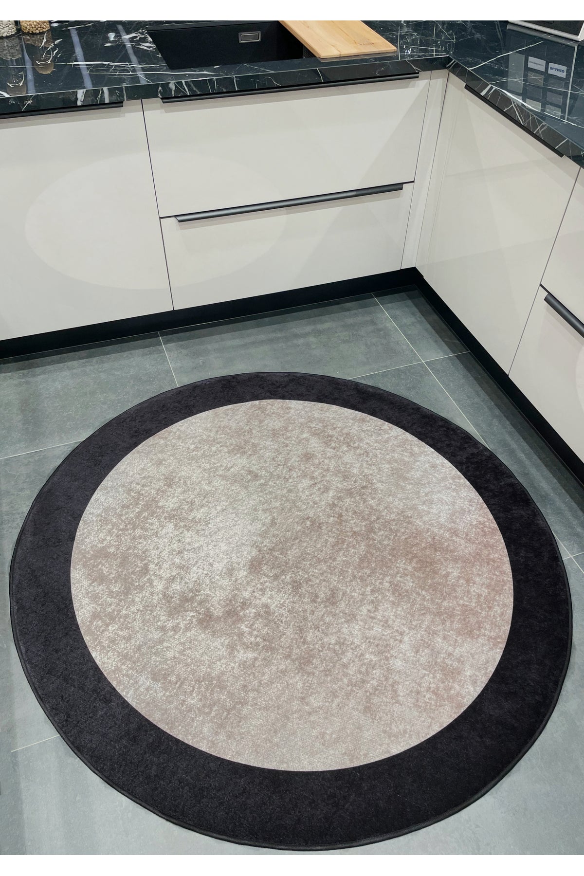 Geometric Striped Latex Leather Backing Fringeless Kitchen Rug - Beige-Black