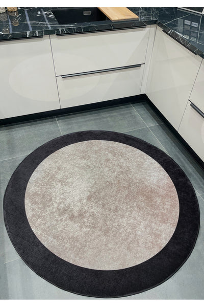 Geometric Striped Latex Leather Backing Fringeless Kitchen Rug - Beige-Black