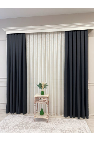 Stone Grey 1/3 Tight Pleat Linen-Look Blackout Curtain