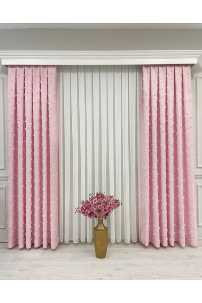 Blue Children's Room Pompom Puffy Blackout Curtain 1/3 Dense Pleating