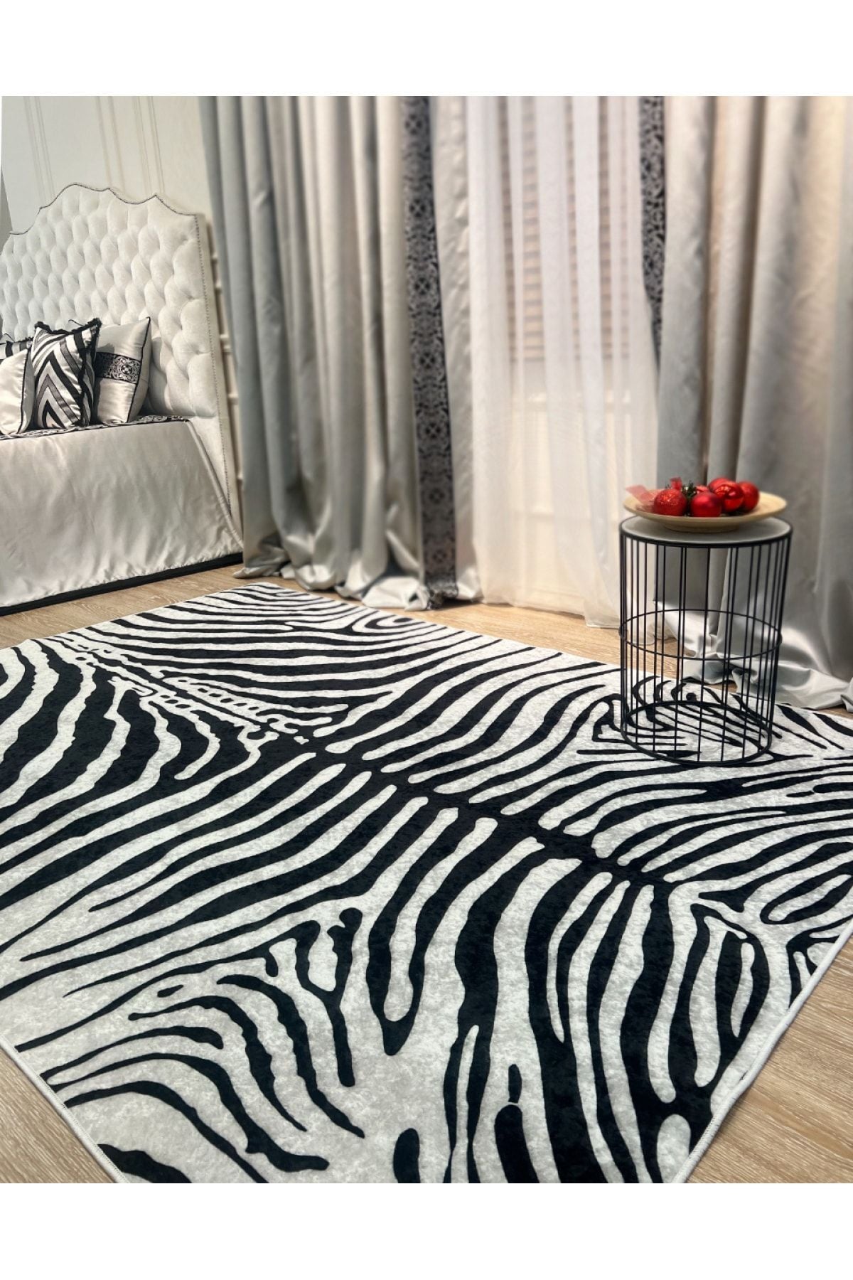 Zebra Print Round Black - Gray Decorative Rug