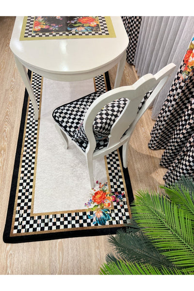 1/3 Dense Pleated Checkered Floral Curtain Panel - Beige-Black