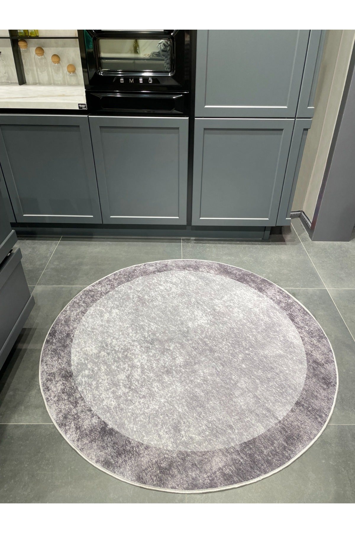 Geometric Striped Latex Leather Backing Fringeless Kitchen Rug - Gray