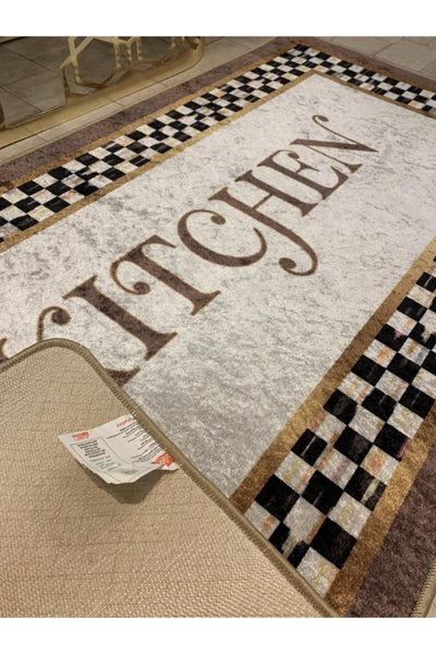 Kitchen Motifli Damalı Lateks Deri Tabanlı Leke Tutmaz Mutfak Halısı