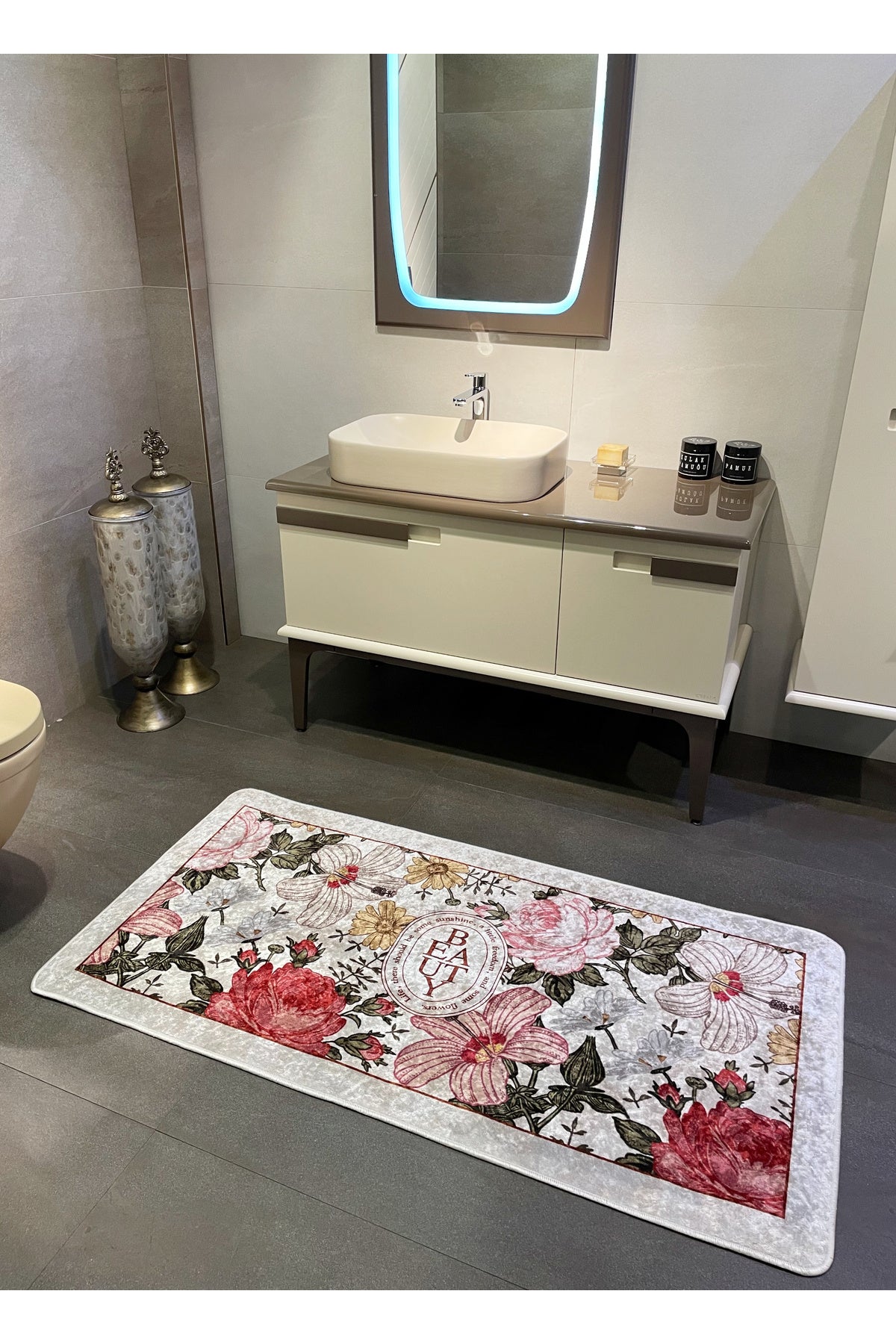 Tekli Çiçek Desenli Beauty Lateks Taban Banyo Paspas (EBAT 80X200)