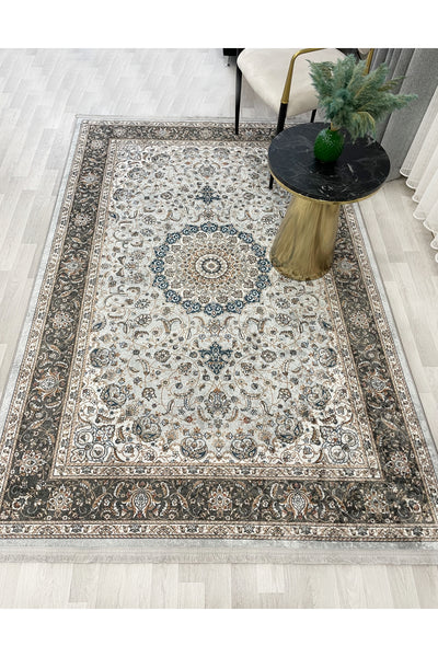 GRAY Traditional Motif FRINGED Classic Non-Slip Base Rug