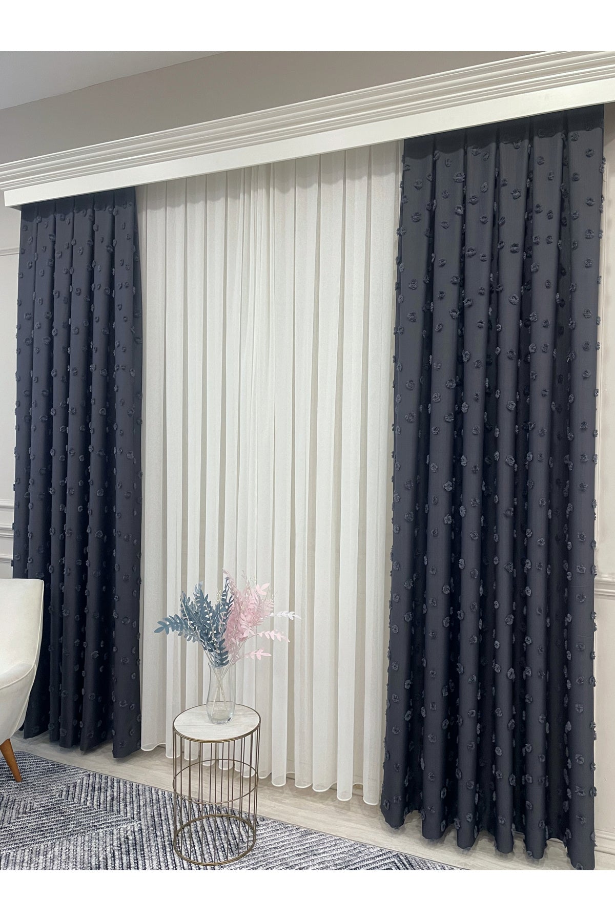 Blue Children's Room Pompom Puffy Blackout Curtain 1/3 Dense Pleating