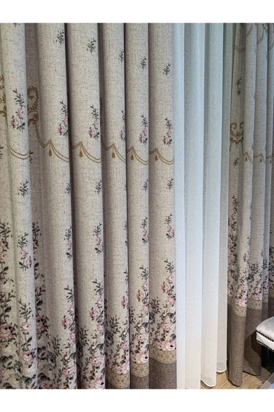 Country Collection 1/3 Dense Pleated Natural Linen Floral Blackout Curtain