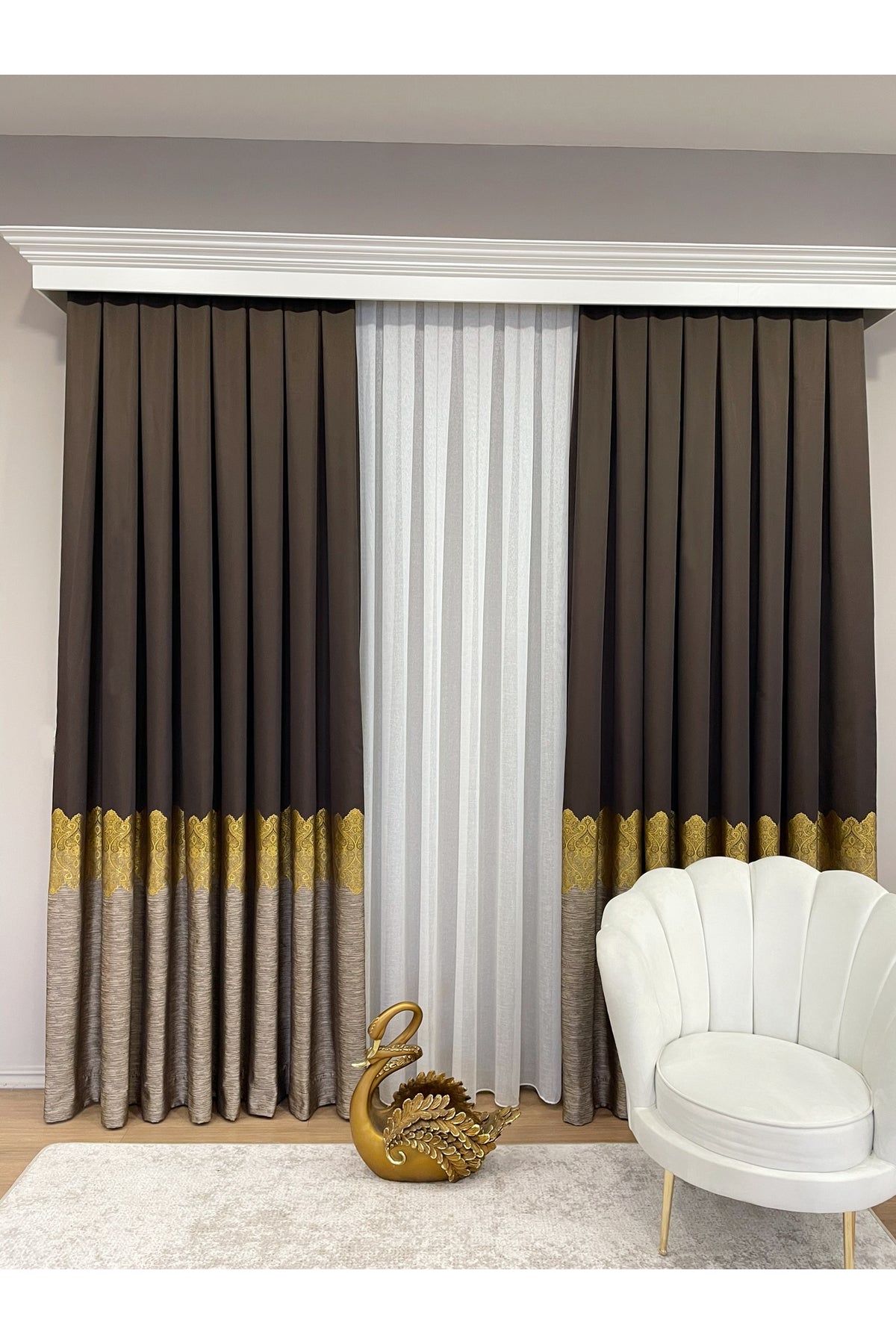 Brown Gold - Damask Patterned 1/3 Dense Pleated Blackout Curtain