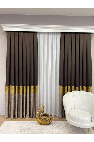 Brown Gold - Damask Patterned 1/3 Dense Pleated Blackout Curtain