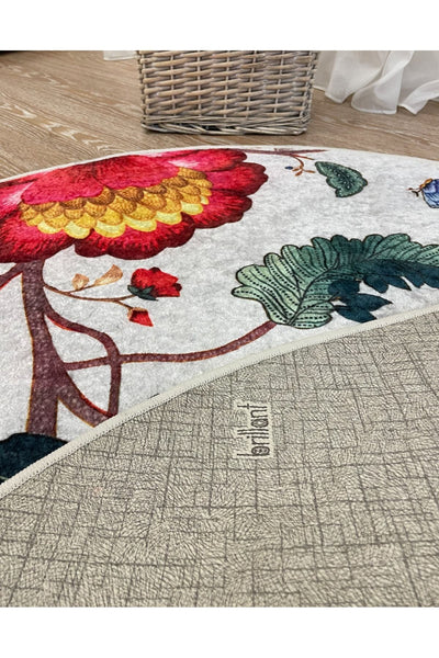 Floral Pattern Decorative Leather-Backed Round Rug - Gray