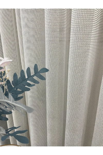 BEIGE-GRAY Modern Textured Knit 1/3 Dense Pleat Sheer Curtain