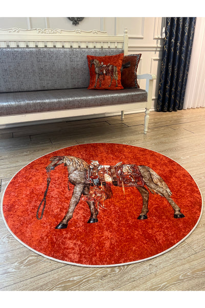 Horse Pattern Latex-Backed Round Rug