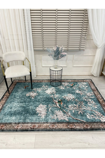 Soft Blue Bird Pattern Bordered Non-Slip Rug