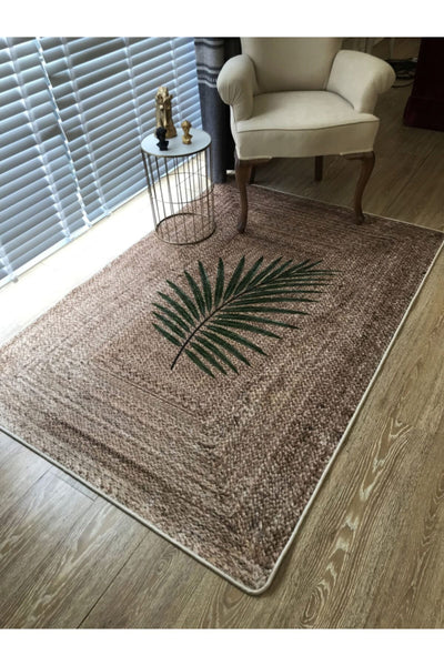 Jute Sisal Look Leaf Motif Latex Non-Slip Base Balcony and Terrace Rug