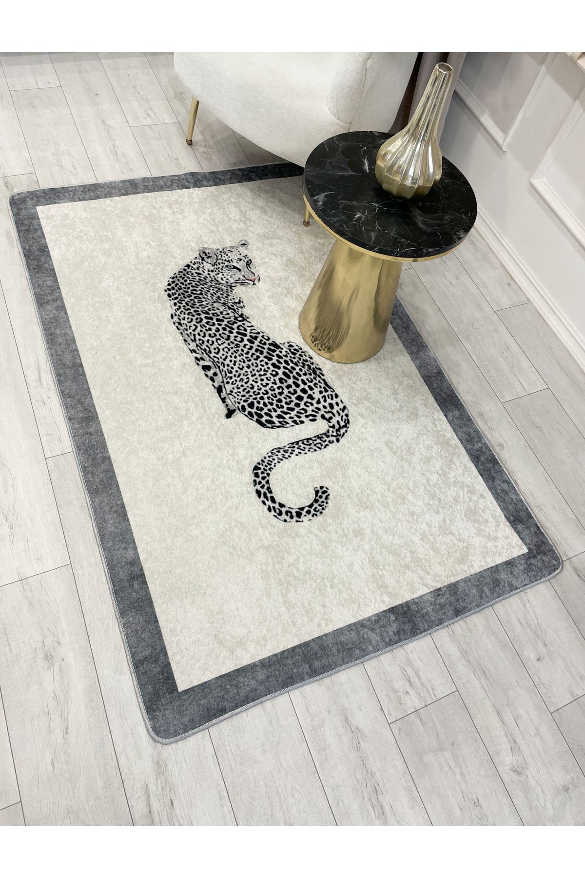 Leopard Pattern Cream Gray Border Latex Leather Base Rug