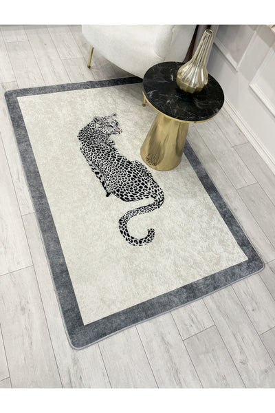 Leopard Pattern Cream Gray Border Latex Leather Base Rug