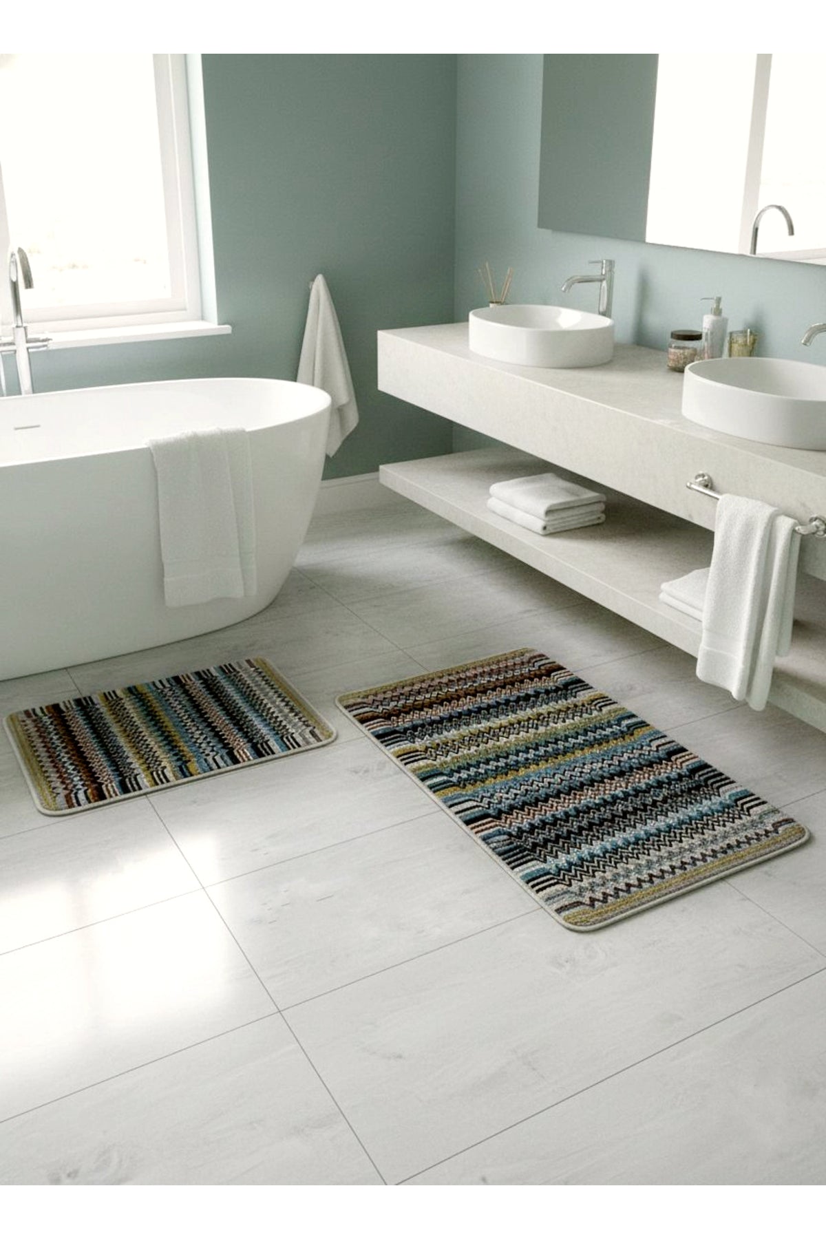 Zigzag Patterned 2-Piece Leather Base Bathroom Mat Set (60x100 - 60x50)