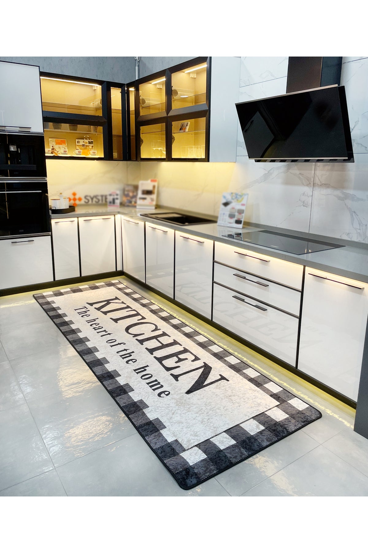 Beige Black Kitchen Latex Leather Base Kitchen Rug