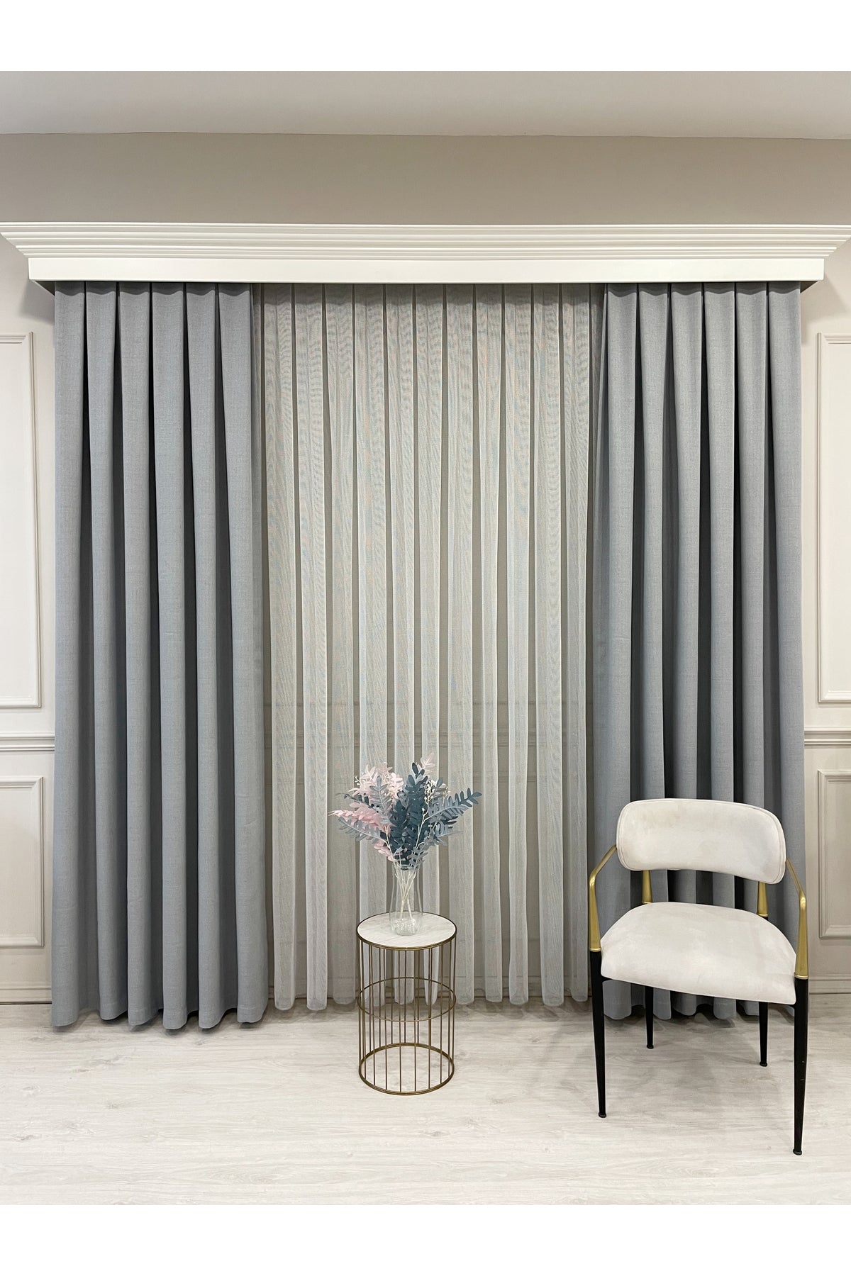 BEIGE-GRAY Modern Textured Knit 1/3 Dense Pleat Sheer Curtain