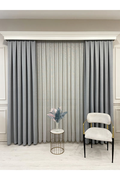 BEIGE-GRAY Modern Textured Knit 1/3 Dense Pleat Sheer Curtain