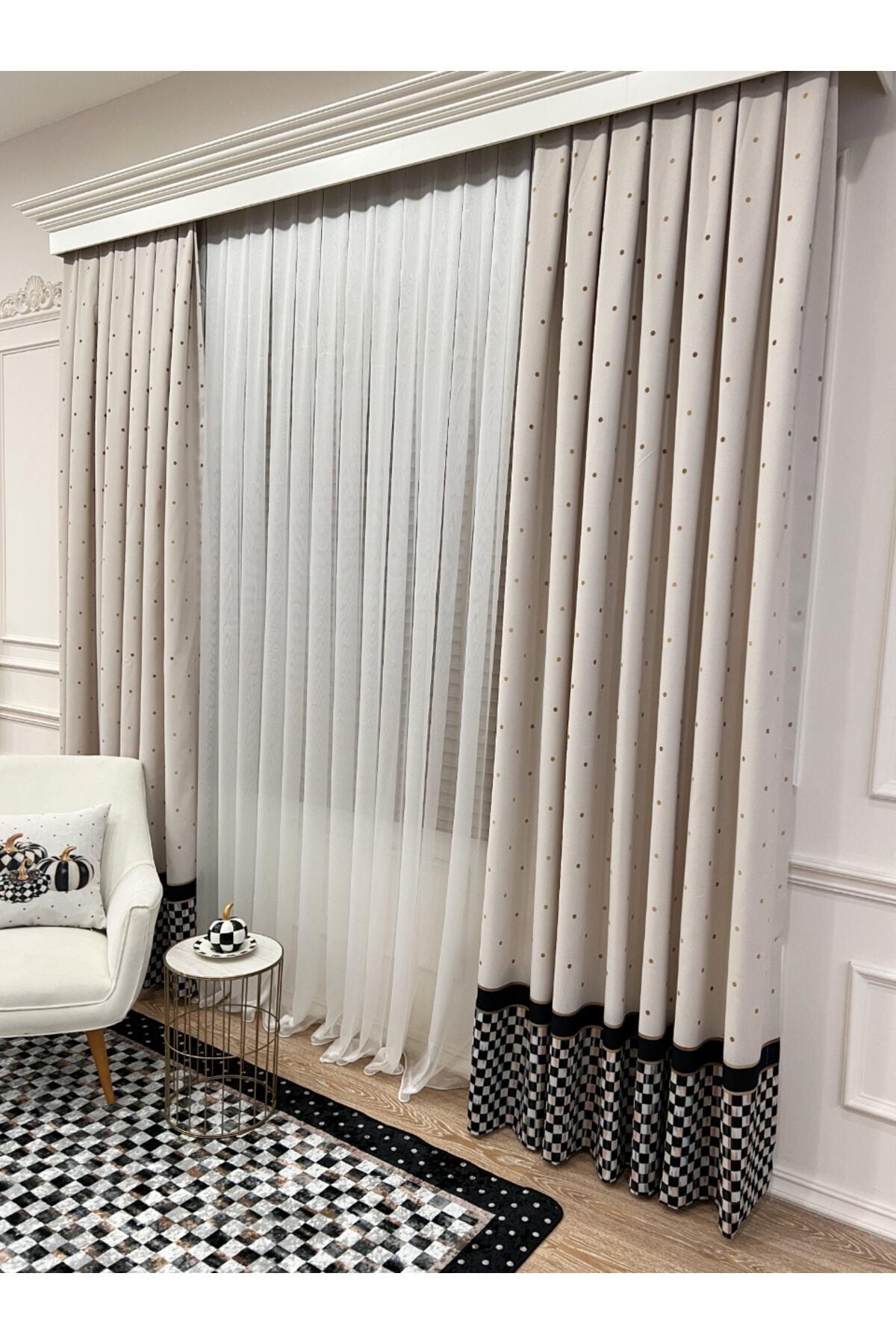 1/3 Dense Pleated Checkered Curtain Panel - Beige-Black