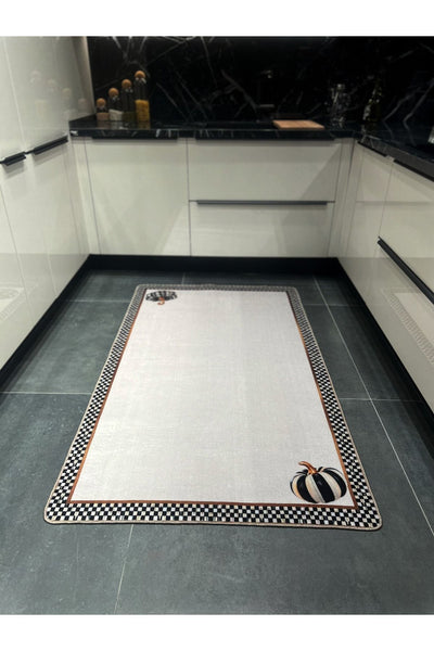 New Collection Özel Kalın Tabanlı Damalı Mutfak Halısı Krem-siyah