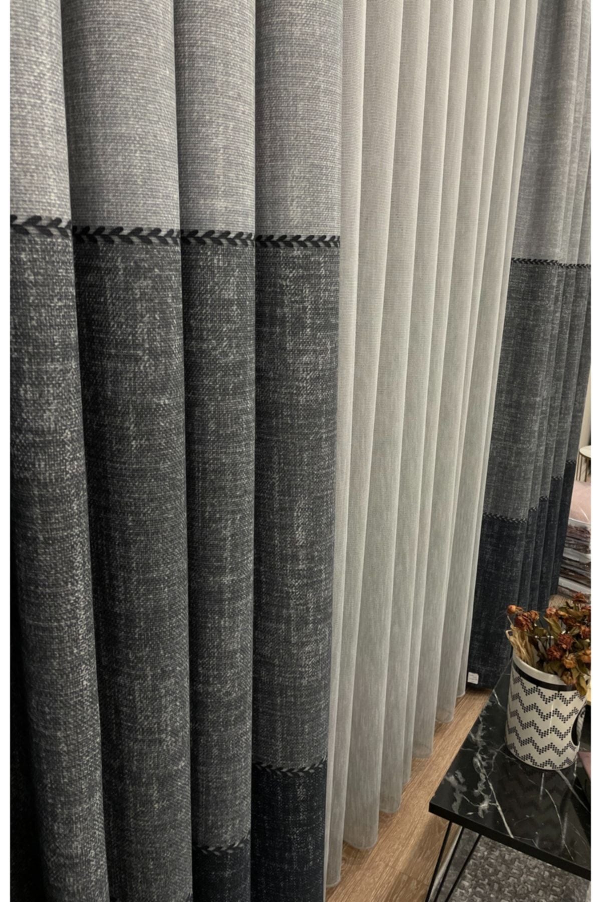 Linen-Look Knit Detail Patterned 1/2.50 Pleated Blackout Curtain