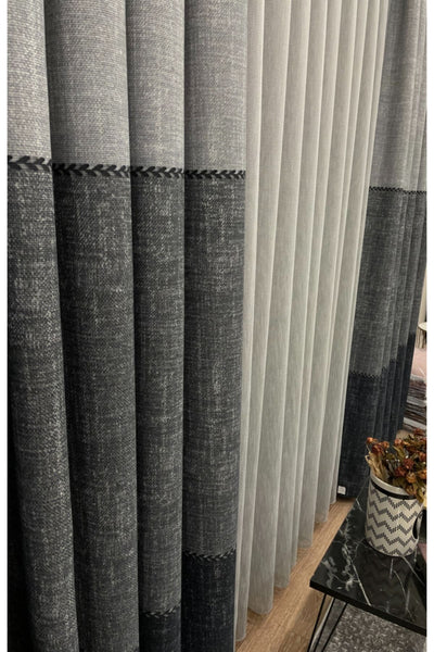 Linen-Look Knit Detail Patterned 1/2.50 Pleated Blackout Curtain