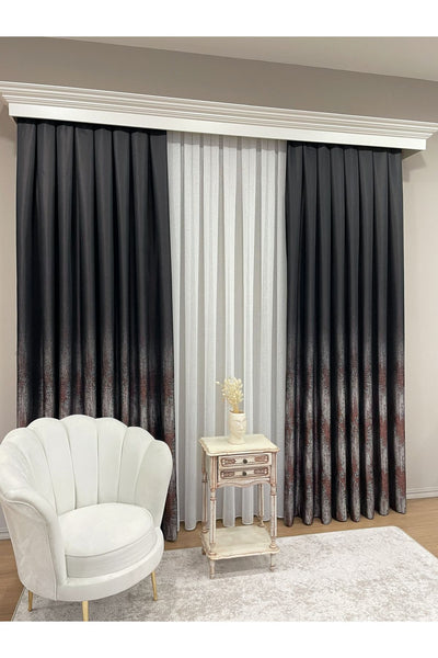 Lacivert  Renk Abstract Desen 1/3 SIK PİLE Jakar Dokuma Fon Perde