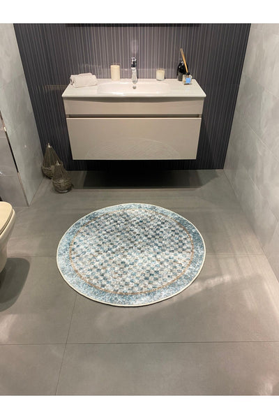 Robert Blue Diamond Pattern Fringeless Round Bathroom Mat - Blue Size 100x100