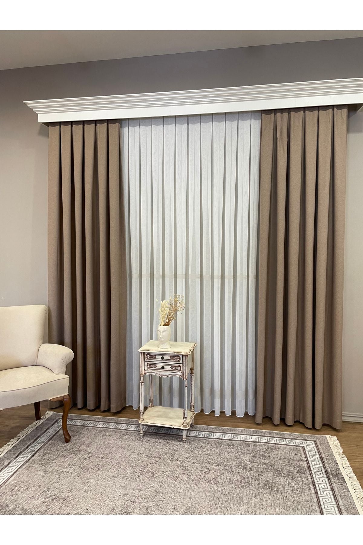 Linen-Look Banded 1/3 Dense Pleated - Ecru/Grey Sheer Curtain