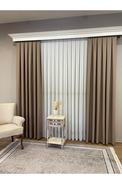 Linen-Look Banded 1/3 Dense Pleated - Ecru/Grey Sheer Curtain