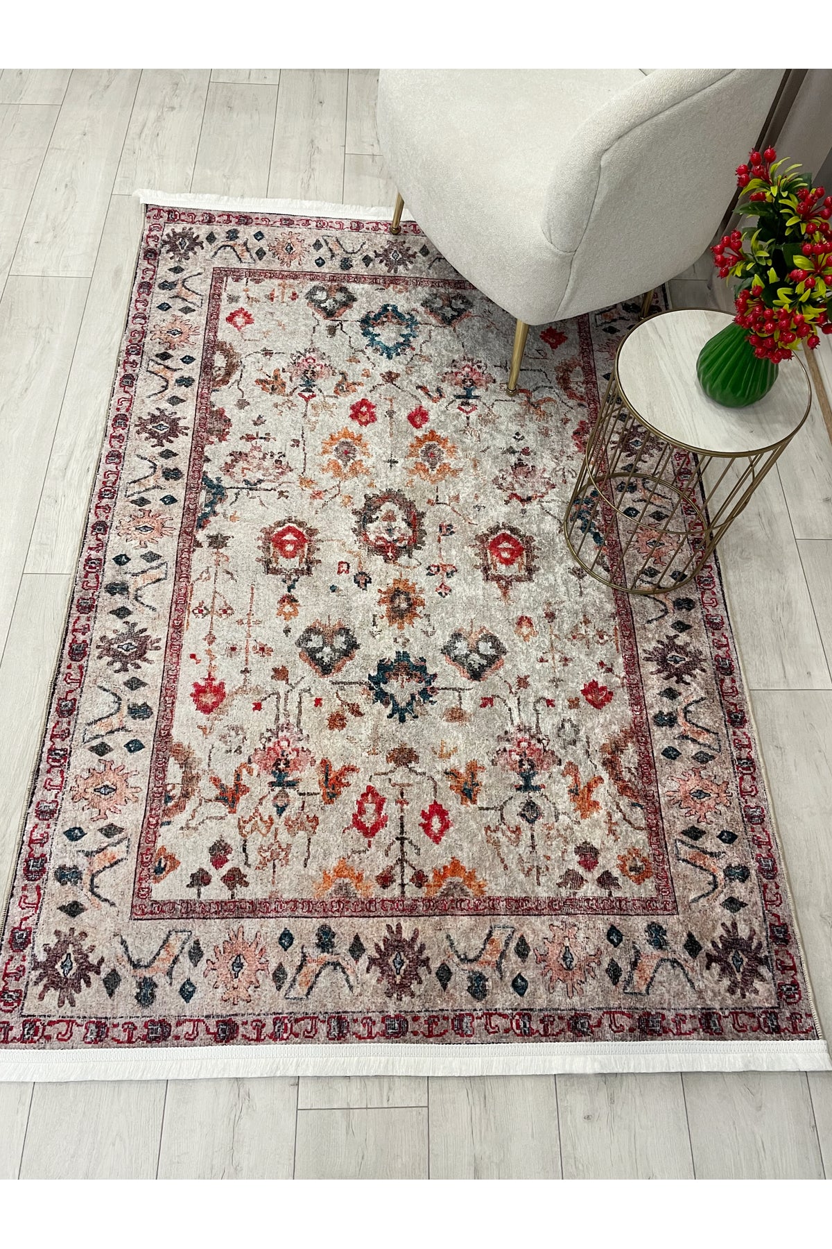 Beige Vintage Distressed Look Latex Base Rug