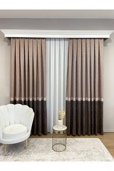 Brown 1/3 Dense Pleated Bordered Pattern Soft-Textured Jacquard Blackout Curtain