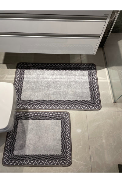 Mint Green - Zigzag Patterned Leather Base 2-Piece Bath Mat Set (60x100 - 60x50)