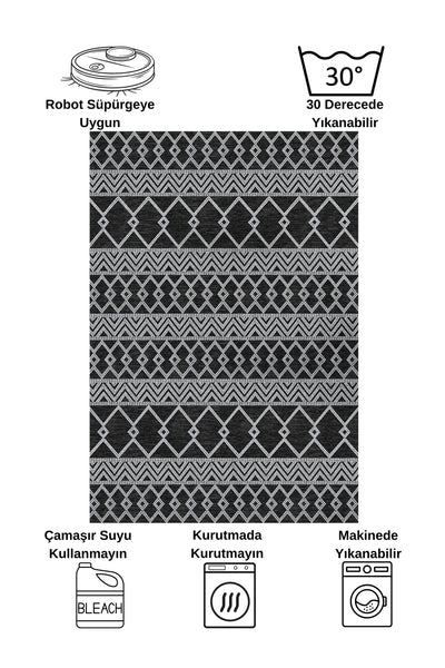 Gray Black Scandinavian Style Kilim Pattern Runner Latex Rug