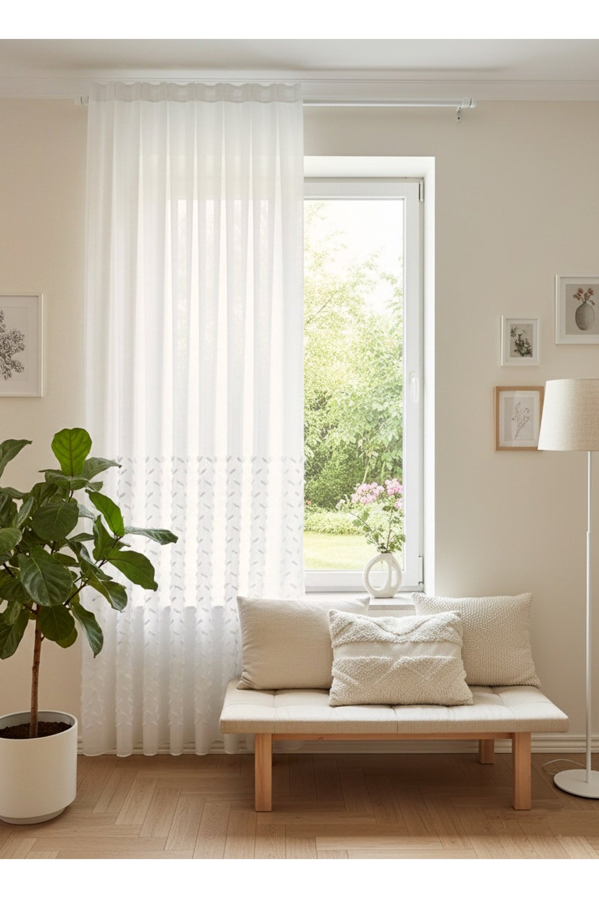 Ecru/Off-White 1/3 Dense Pleated Pompom Puffy Linen-Look Sheer Curtain